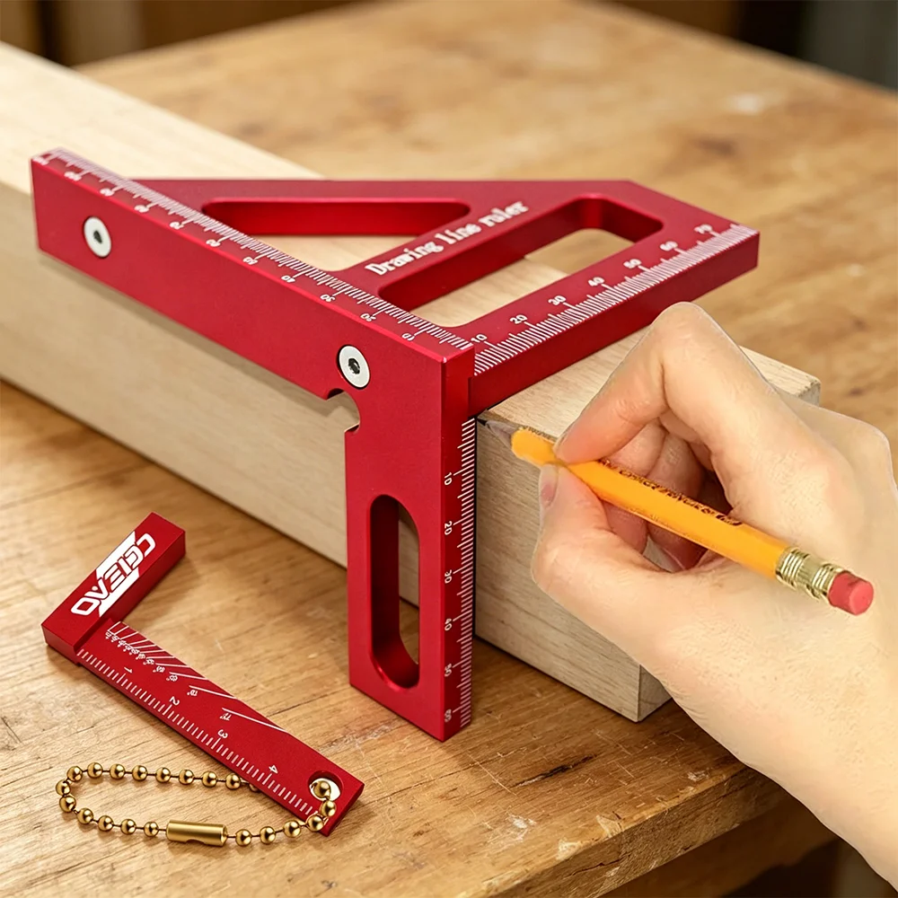 2Pcs Aluminum Alloy Woodworking Triangle Square Set, Multi‑Angle Measuring Marking Ruler with Mini L‑Shape Keychain Ruler