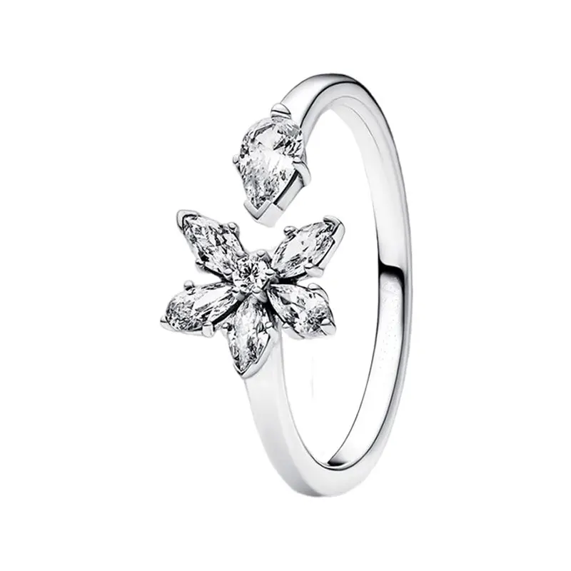 

Nature Flowers Leaves Herbarium Cluster Open Rings For Women Clear Pear Shaped Zircons Real 925 Sterling Silver Original Jewelry