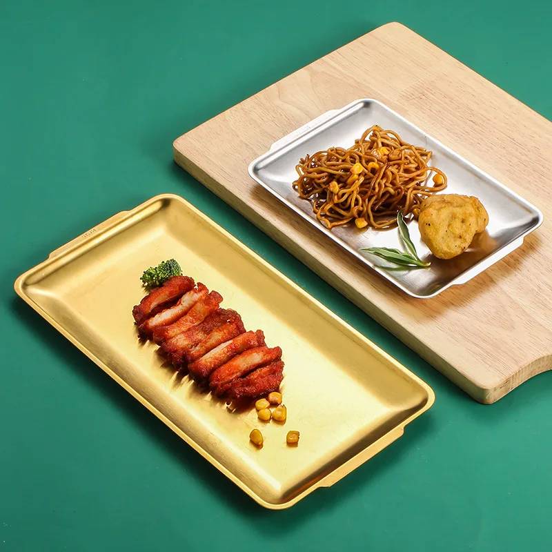 Stainless Steel Decorative Plate Rectangular Plate Gold Tray Craft Decoration Barbecue Plate Western Snack Plate Flat Plate