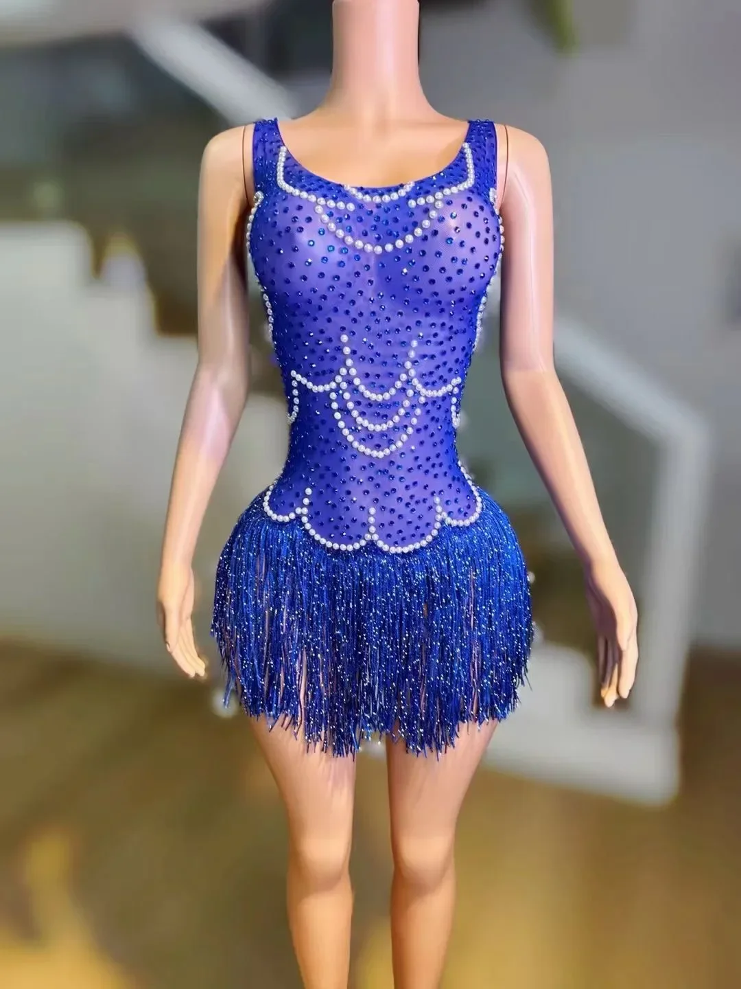 Sparkly Rhinestones Sleeveless Fringes Bodysuit Women Nightclub Singer Dancer Stage Outfit Sexy Mesh Performance Dance Costume