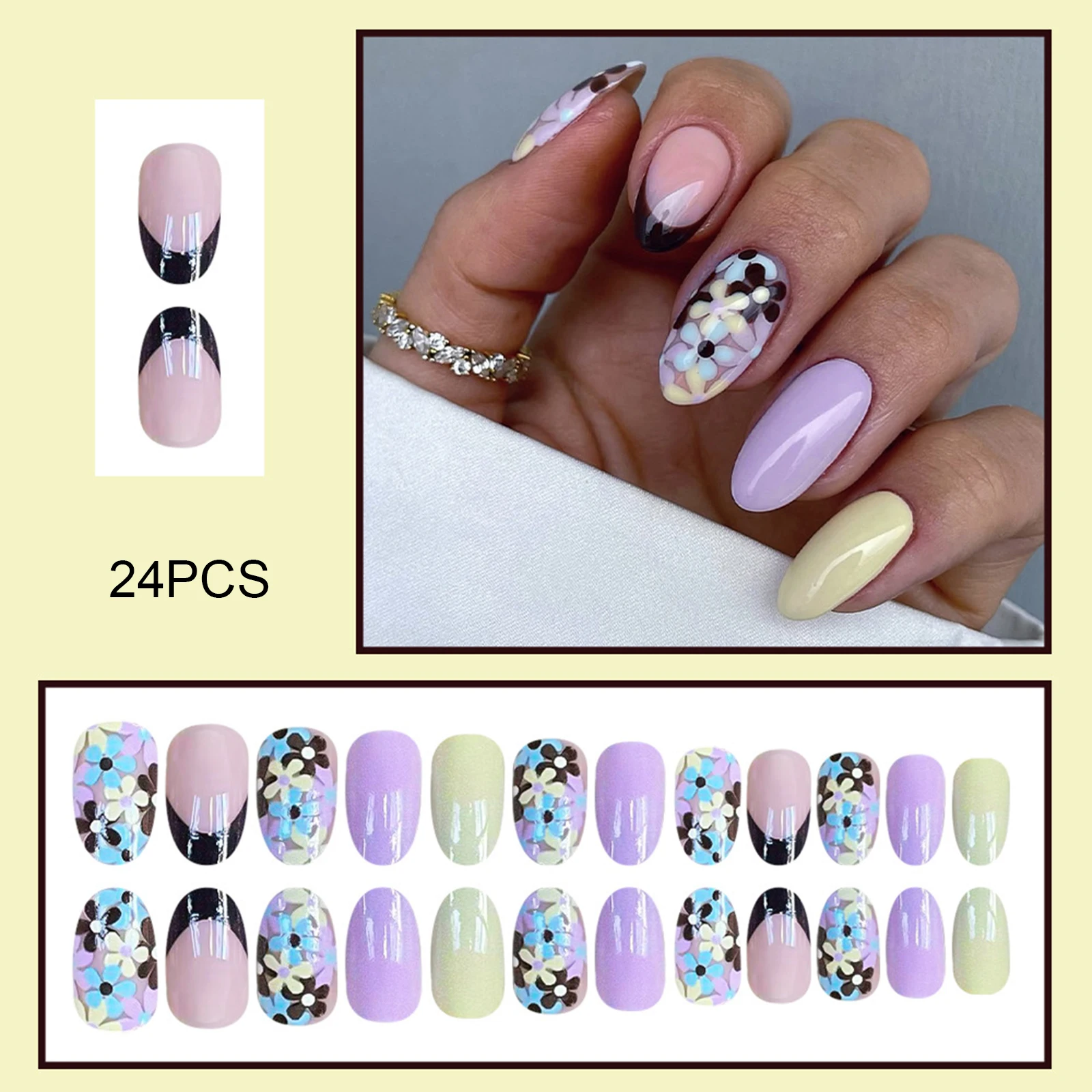 24pcs Flower Pattern Press-On Nails Spring Summer Colorful Round Head False Nail Tips Sweet Cool Style Fake Nail Patches
