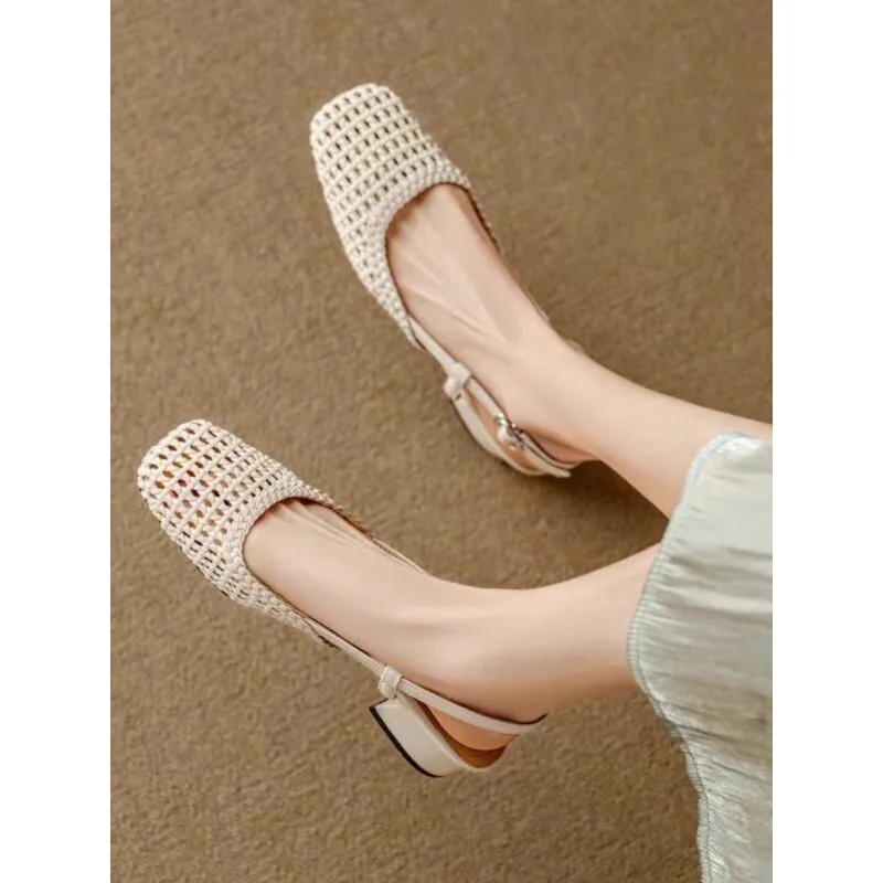 

Summer 2025 New Style Toe Sandals for Women, Mid-heel Shoes with Thick Heels and Hollow Weaving, One-strap Women's Shoes