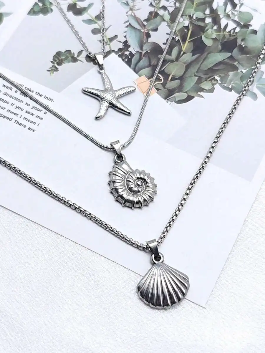 

3pcs Ocean Style Stainless Steel Necklace Set Starfish Seashell Ammonite Pendant For Women