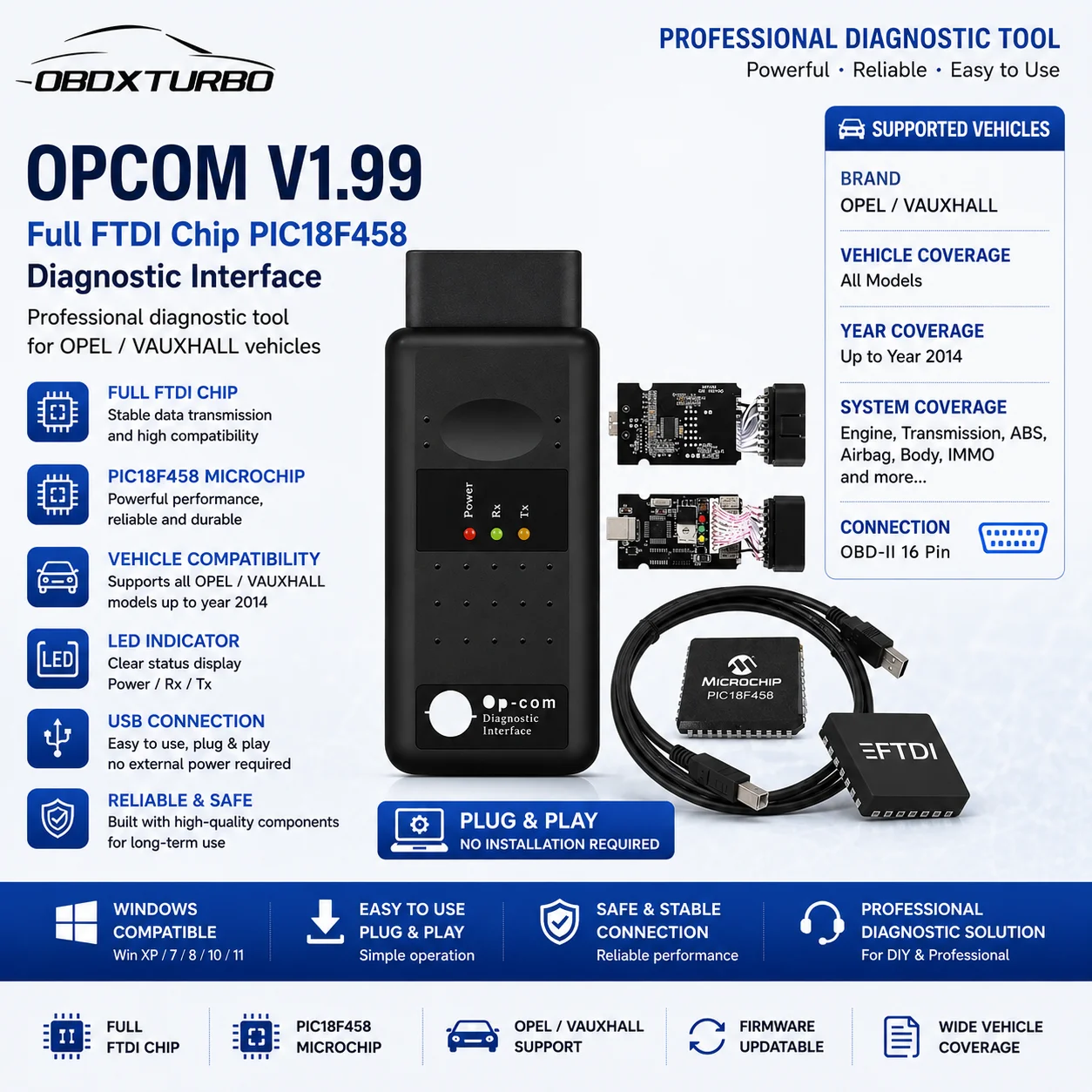 Für Opel-Automodelle Neuester OPCOM 1.99 CAN BUS OBD2 Scanner, Auto-Fehlertester, Motor-Diagnoseadapter, Auto-Diagnosetool