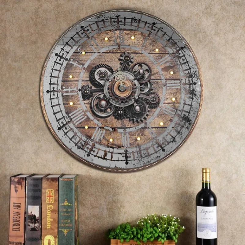 80Cm round retro gear wall clock luxury custom led light large size large wall clock for presidential home decoration