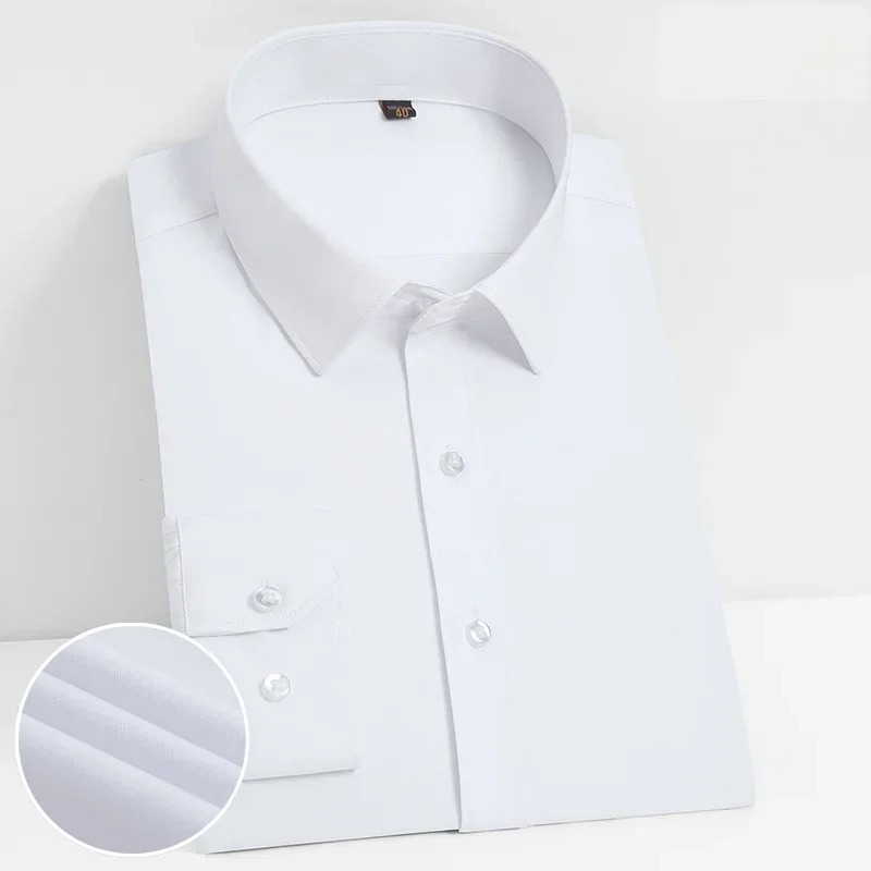 Estiramento e confortável camisa de manga longa para os homens, camisa de negócios profissional, não-engomar, slim, estilo coreano, macacão branco puro, tops