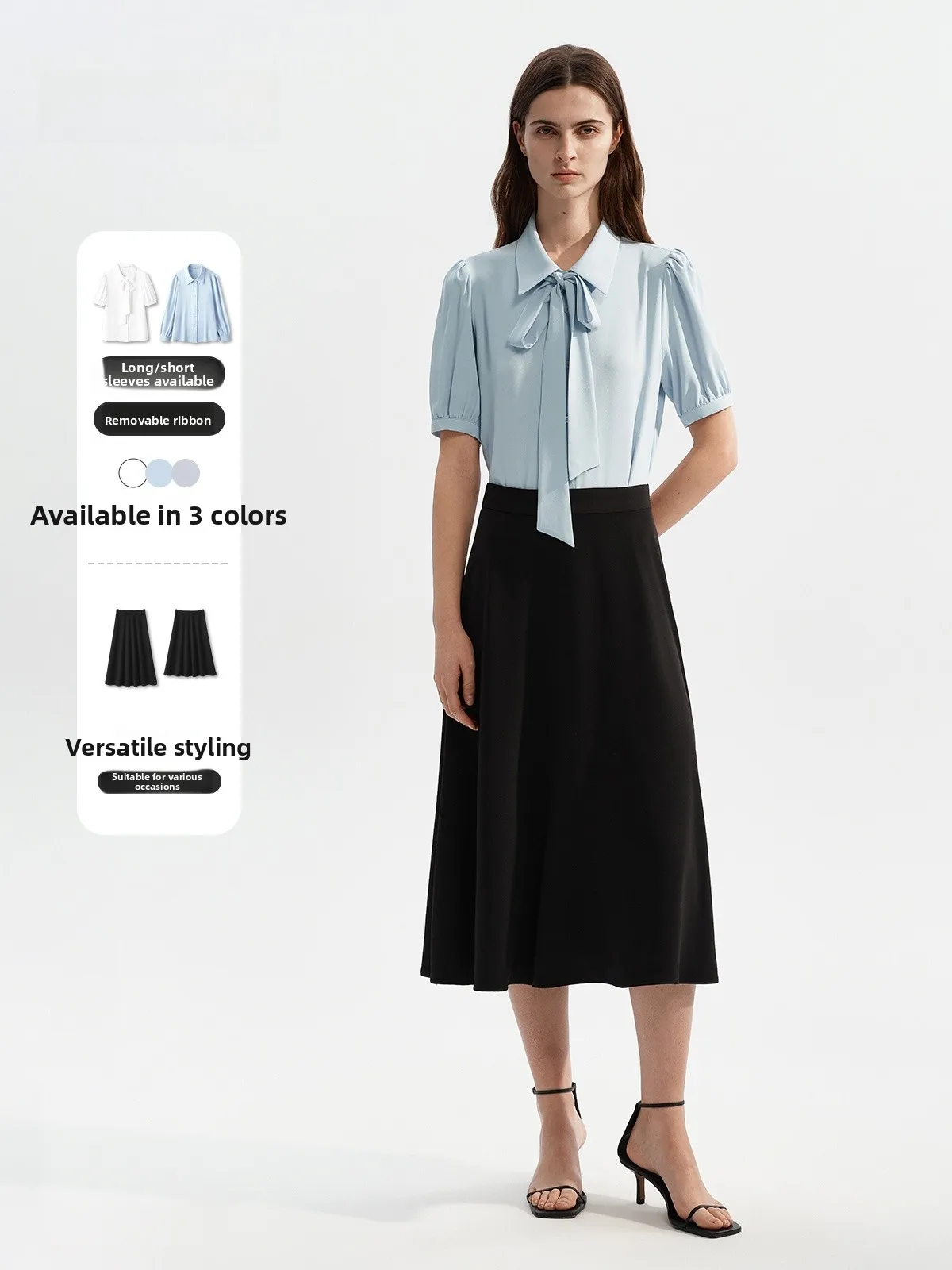 

Blue Silk Shirt Women's Commute Style Short Sleeve Professional Formal Interview Knot Blouse Career Skirt Set