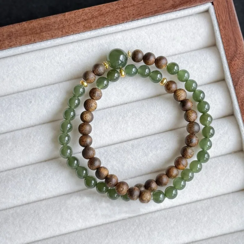 

Natural Hetian Jade and Aloeswood Double Circle Bracelet Unique Design Lucky Charm Gifts
