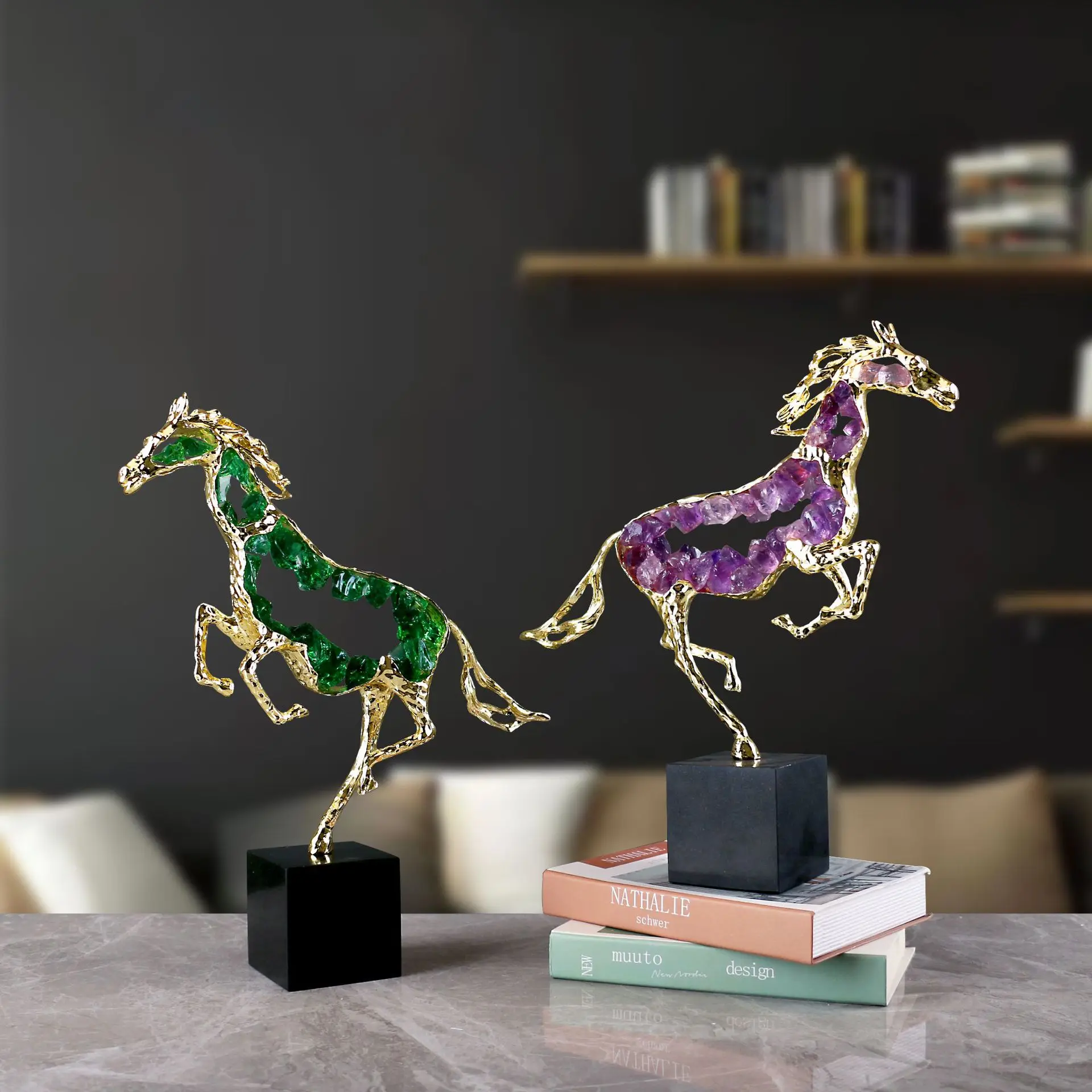 

Amethyst Ornaments Golden Horse Artificial Animal Sculpture Marble Base Crystal Decorative Figurines Home Decoration Accessories