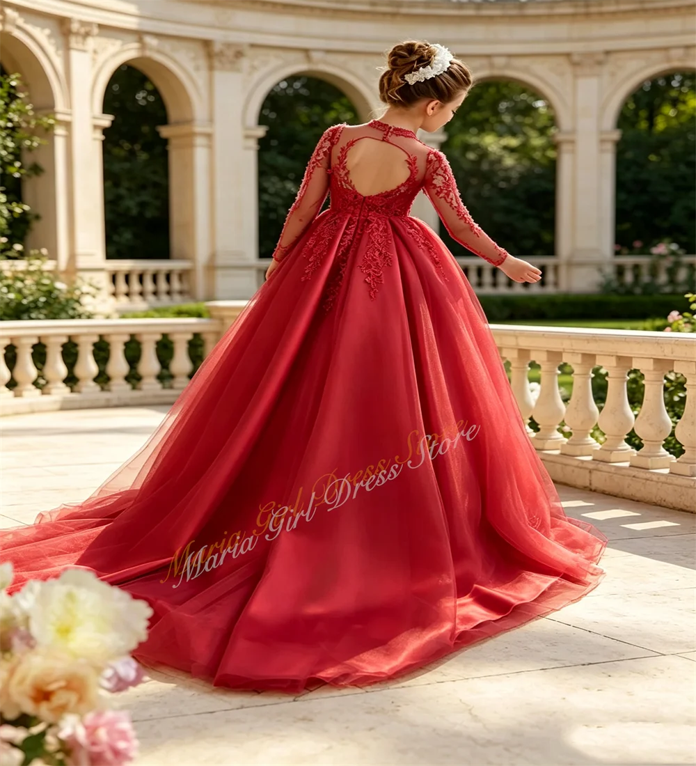 Kids Princess Formal Dress Elegant Girls Red Lace Backless Pageant Performance Outfit Birthday Gown Children Costum
