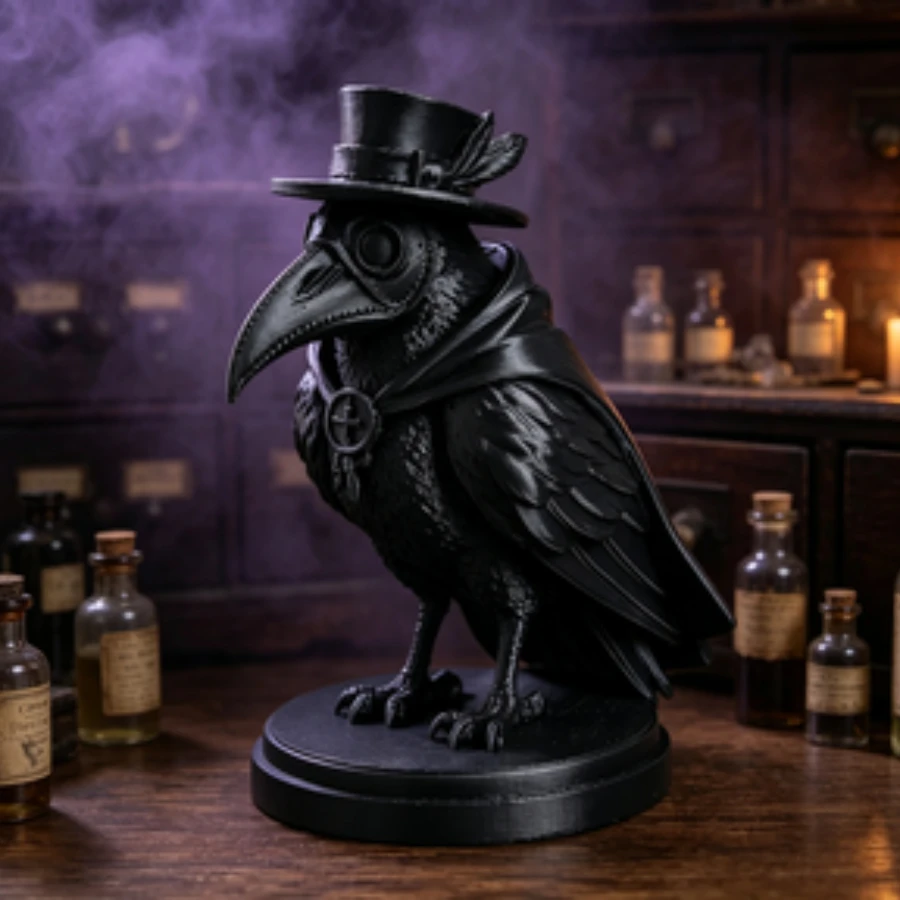 Plague Doctor Crow Statue with Hat Cloak Gothic Bird Beak Mask Crow Shaped Dark Desktop Decoration Halloween Home Decoration