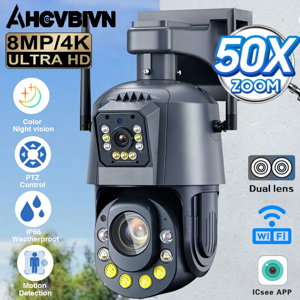 50X Optical Zoom 8MP 4K HD Security Camera Outdoor Waterproof Wifi PTZ IP Camera Color Night Vision CCTV Human Detection ICSEE