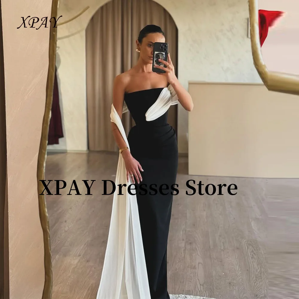 

XPAY Contrast Color Black And White Evening Dresses Arabic Women Off Shoulder Pleats Long prom Gowns Formal Party Customized