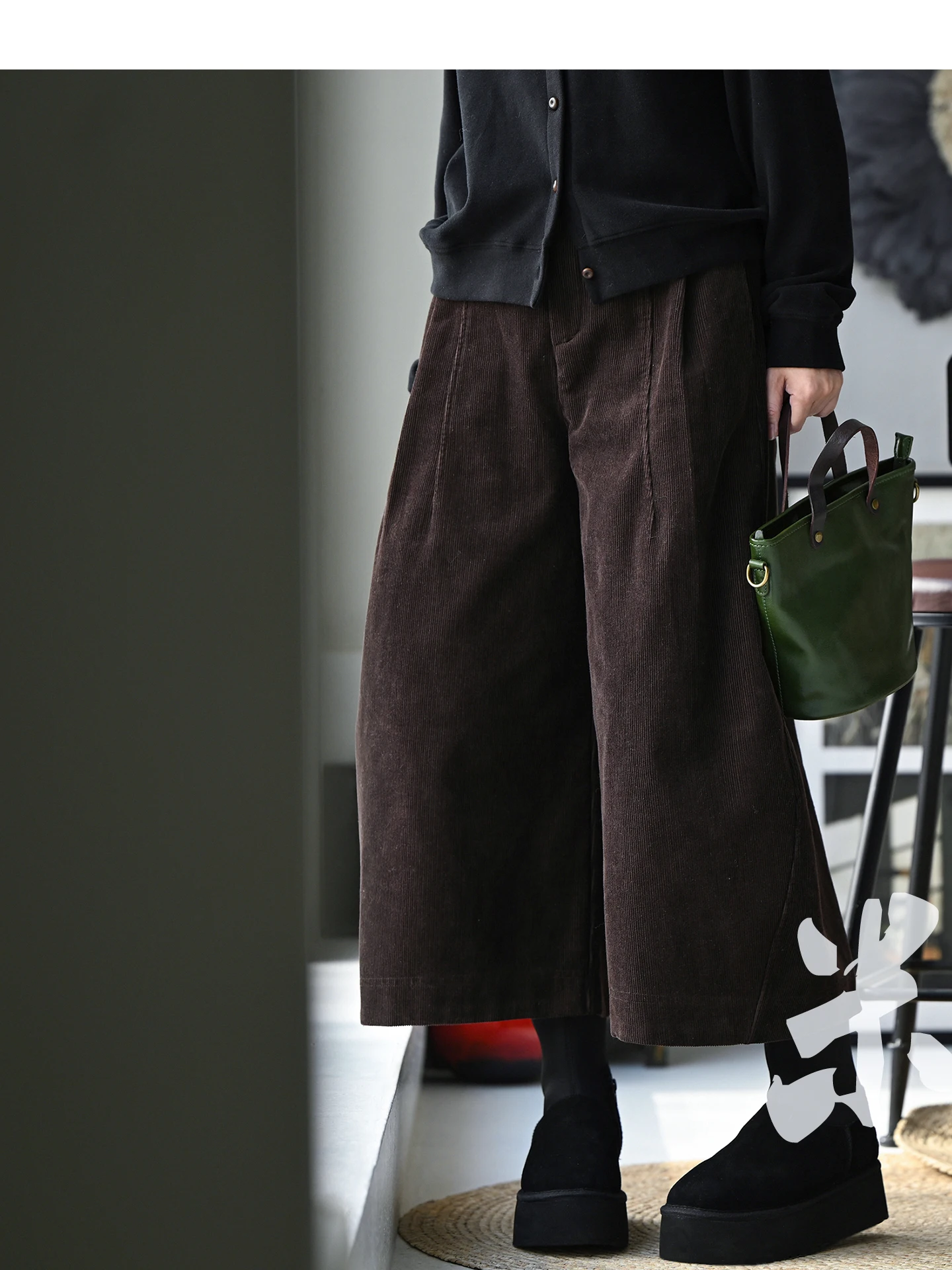 

High Waist Corduroy Fce Lined Wide Leg Nine Patch Skirt Pants Women Autumn Winter Milan Declaration Casual Cotton Blend