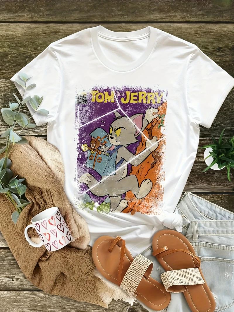 تي شيرت نسائي صيفي كبير الحجم من Tom & Jerry لعام 2025 برسومات كرتونية فاخرة راقية لكل من الرجال والنساء
