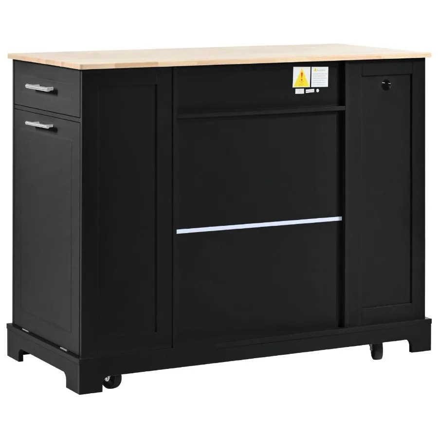 

KK Fluted Kitchen Island with Trash Can Storage Cabinet Power Outlet Internal Storage Rack Rolling Kitchen Islands on 5 Wheels