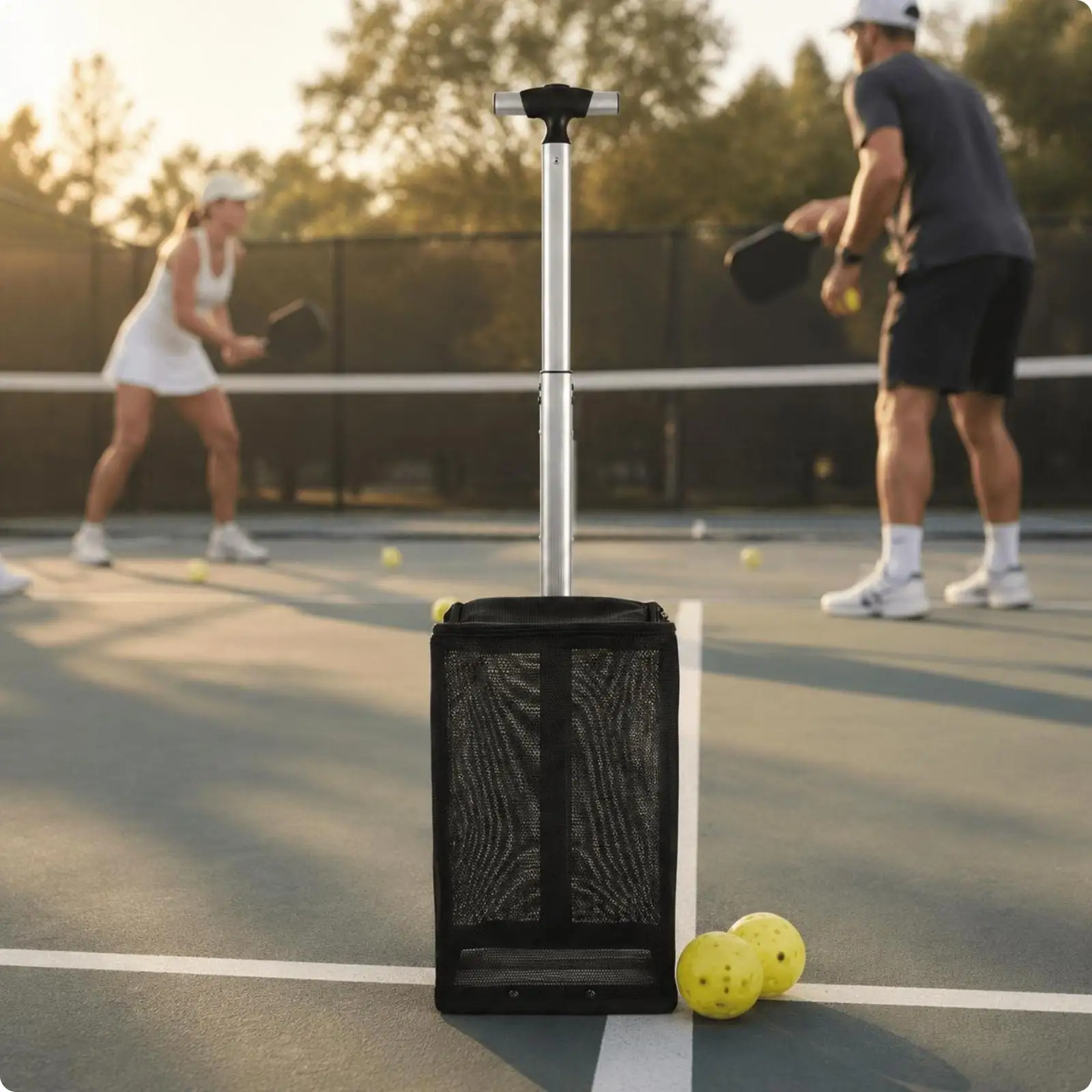 Adjustable Handle Pickleball Ball Collector Stainless Steel Mesh Basket Lightweight Retriever for Sports Training and Practice