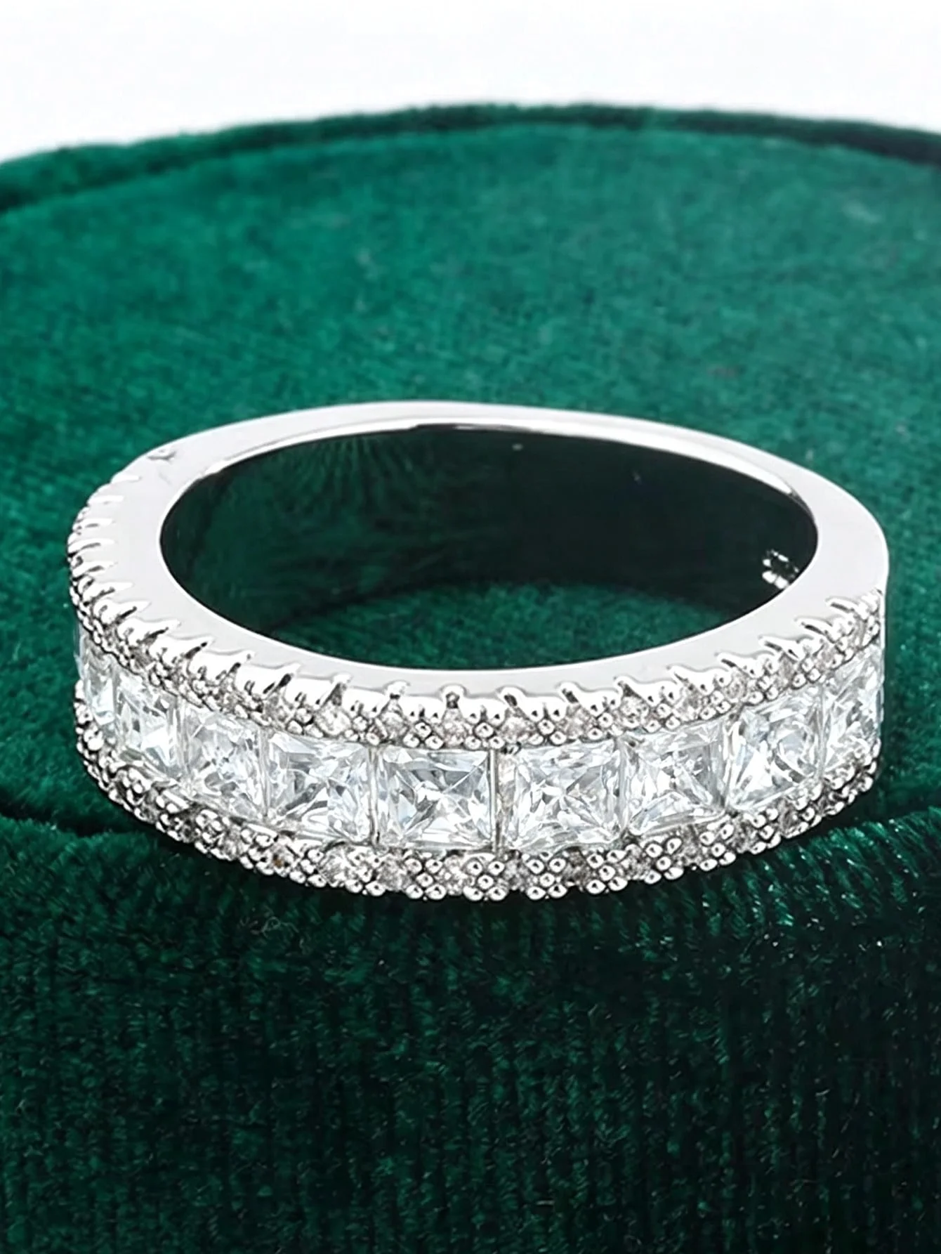 Luxury Full Eternity Ring Princess Cut Clear Zircon Pave Milgrain Edge 925 Silver Plated Ring For Women Wedding Bridal Jewelry
