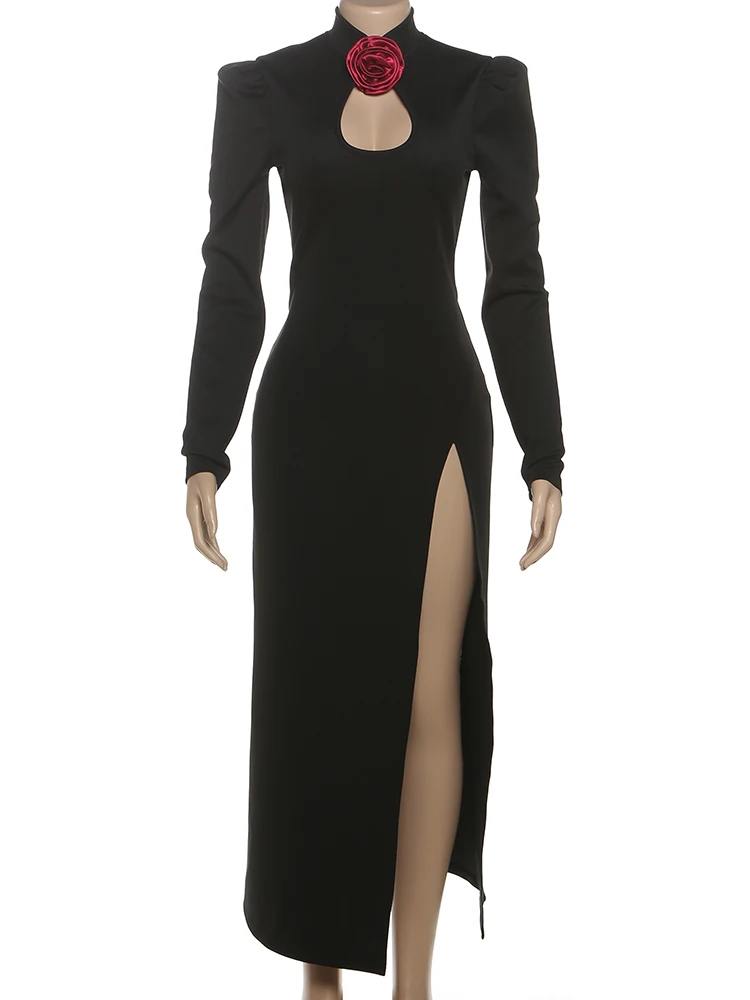 이상한 푸스 아플리케 섹시한 스플릿 드레스 여성 Y2K 홀터넥 어깨 패드 롱 슬리브 우아한 이브닝 스트레치 스키니 맥시 바디콘