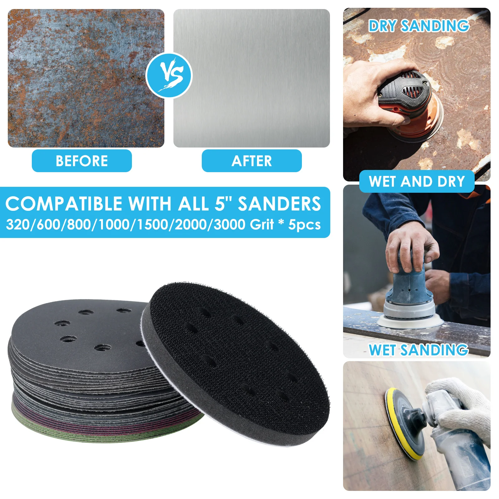 36PCS 5 inch Sanding Discs 8 Hole Hook Loop Sandpaper 320 Grit -3000 Grit Sanding Paper Sanding Disc Abrasive Polishing Tools