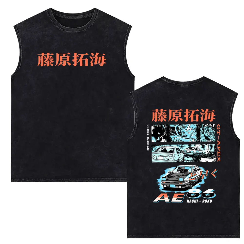 Anime Initial D Drift AE86 Takumi Fujiwara Vintage Washed Tank Tops Men Women Cartoon Manga Oversized Sleeveless Vest T-shirt