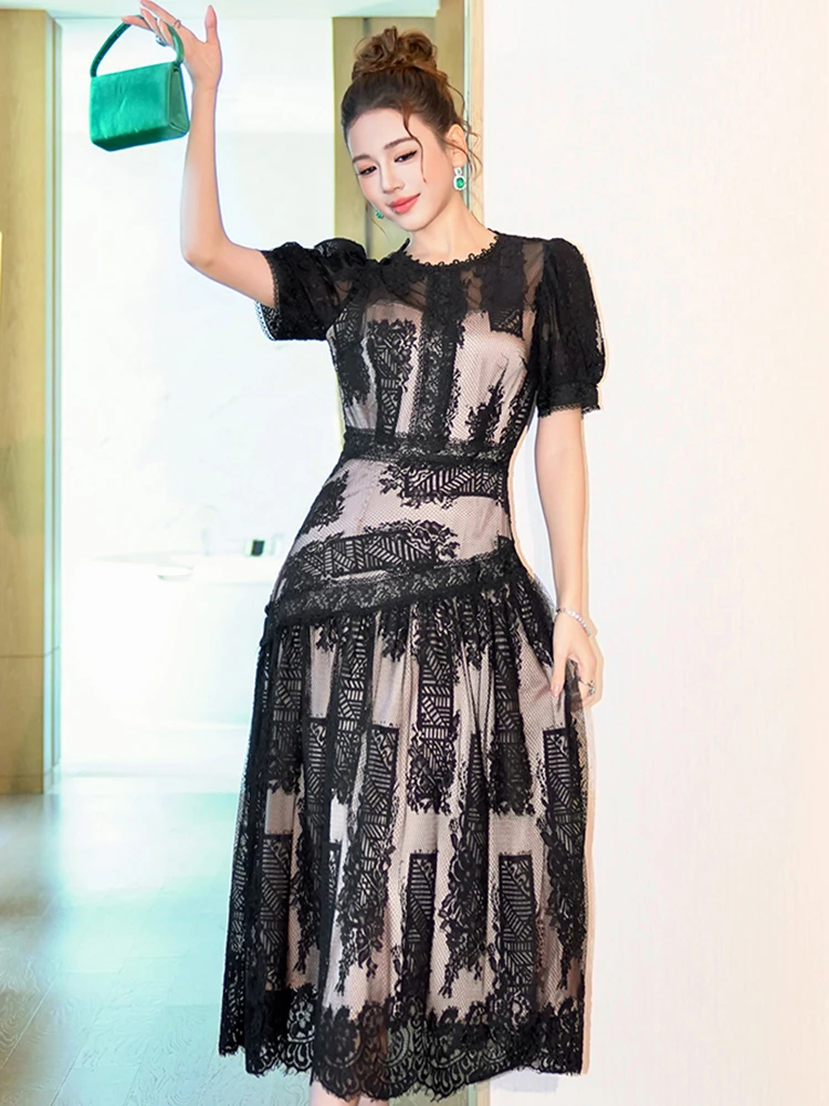 Robe de bal mi-longue romantique pour femmes, Chic, dentelle transparente, maille superposée, Robe trapèze, Style élégant, robes de soirée formelles