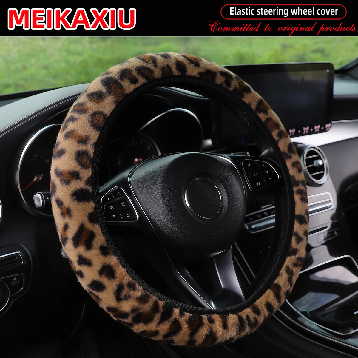 Leopard Print Steering Wheel Cover Winter Soft Comfortable Rimless Car Accessory for 14.5-15 Inch Steering Wheels