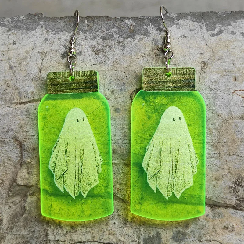 Halloween Fluorescent Bottle Ghost Earrings Acrylic Horror Spider Skull Alien UFO Witch Furnace Fluorescent Earrings For Women