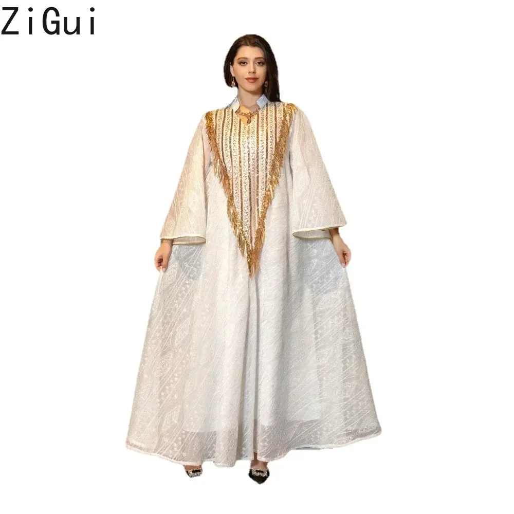 Caftan Moroccan Dress Flare Sleeve Embroidery Chiffon Lace Sequins Tassel Dubai Luxury Dresses Saudi Arabia Muslim Evening Gown