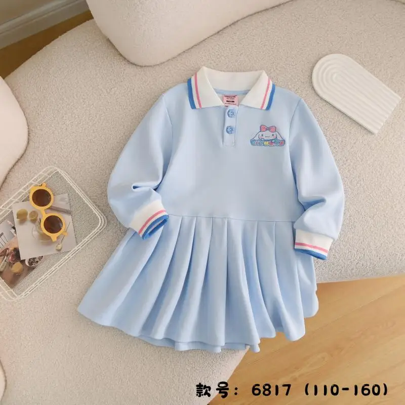 Sanrios Girls My Melody Kuromi Dress Kawaii Cinnamoroll Pleated Skirt Sweet Preppy Long Sleeve Princess Dress New Kids Clothes