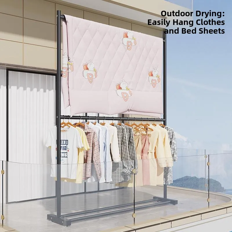 Indoor Floor-Mounted Double-Layer Clothes Drying Rack Simple Mobile Coat Hanger Metal Clothesline Holder Home Organization image 3