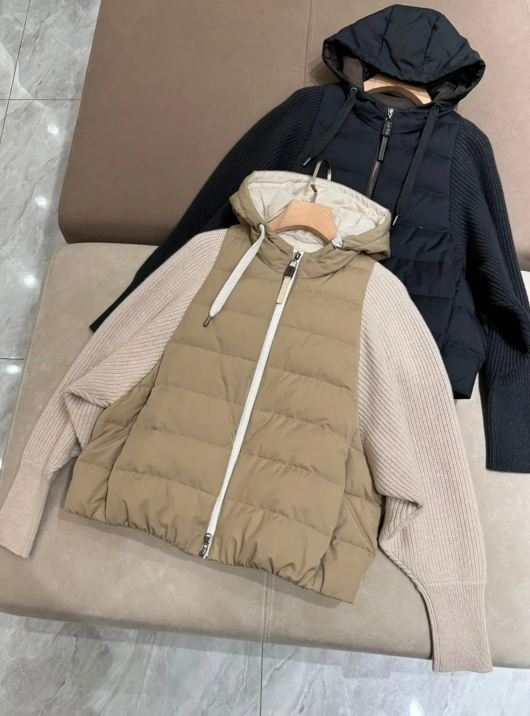 Women Wool Cashmere Goose Down Jacket Autumn Winter Knitted Long Sleeve Casual Zipper Hooded Coat