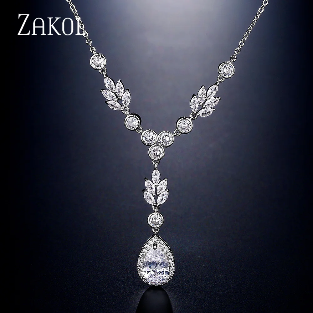 ZAKOL Luxury Exquisite Marquise Cut Cubic Zircon Leaf Necklaces For Women Fashion Bridal Wedding Party Jewelry Accessories