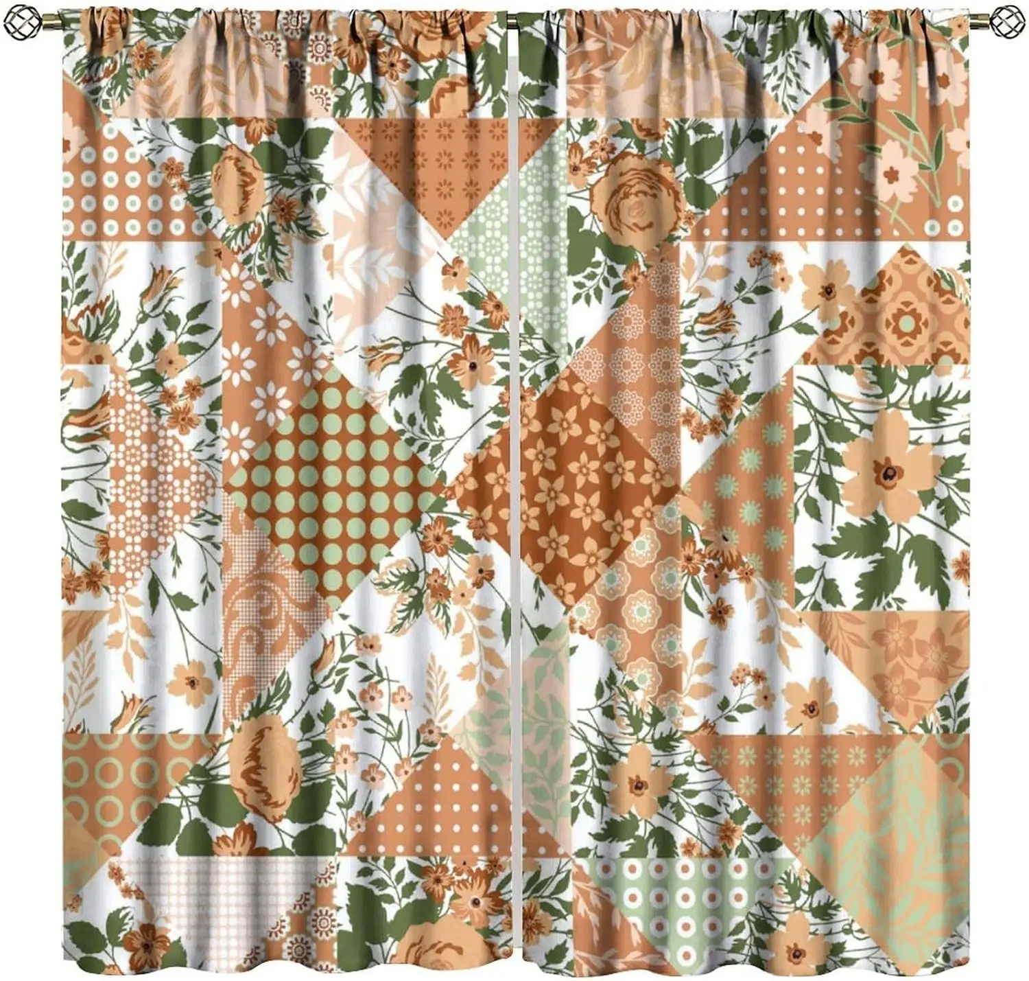 Patchwork Boho Curtains,Country Vintage Yellow Floral Pattern Blackout Rod Pocket Window Drapes for Bedroom Living Room Kitchen