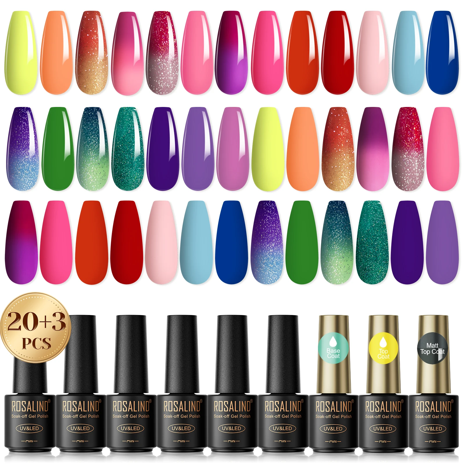 Rosalind 23-teiliges Gel-Nagellack-Set, glänzende und matte obere und untere Beschichtung, UV-Nagelset, Essie-Basislack, Nagellack, LED-Nagellampe