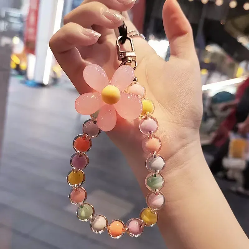 Cordón de pétalos de cuentas de colores para IPhone, pulsera antipérdida para funda de teléfono móvil Samsung, correa de muñeca, llavero de coche,