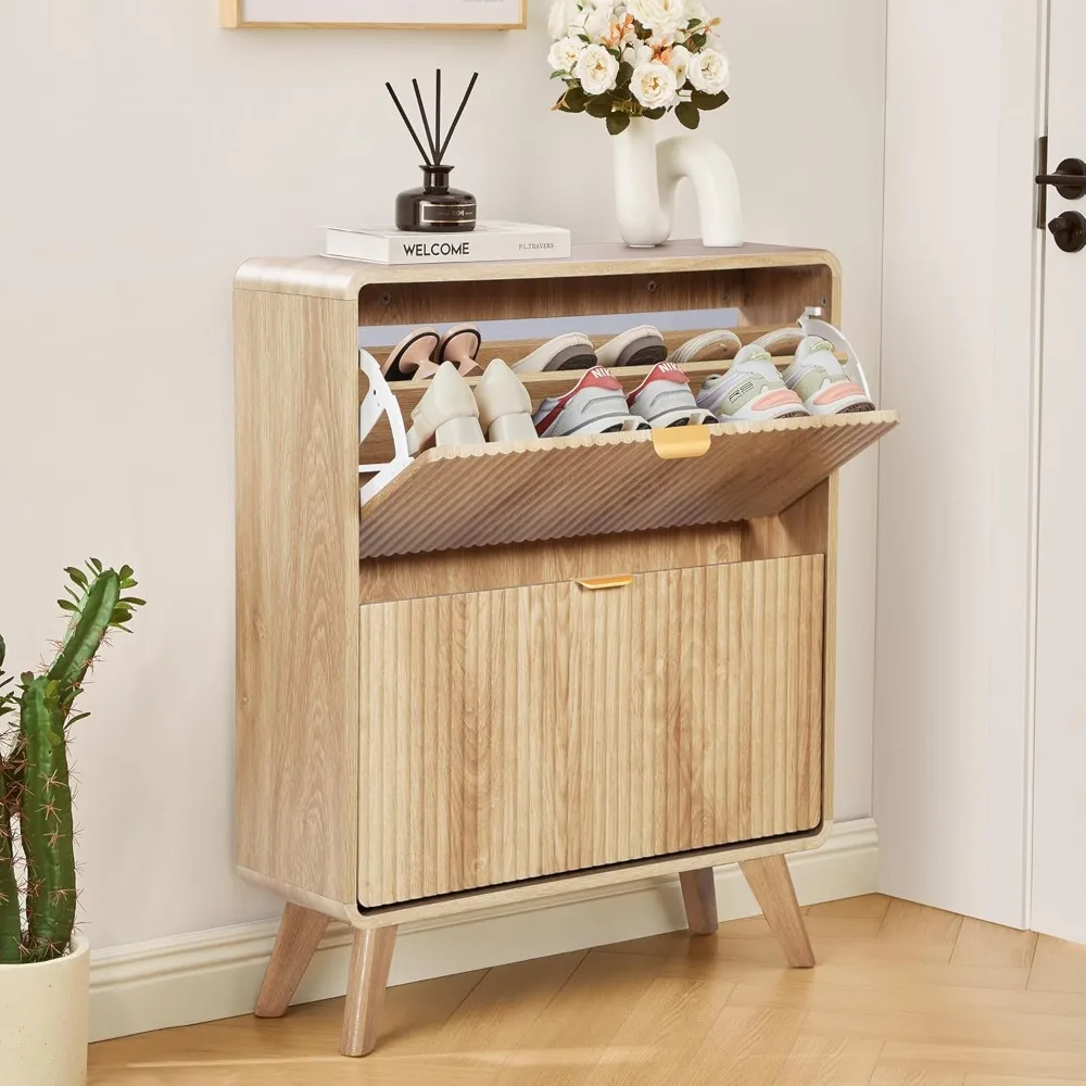 

Groove shoe cabinet with 2 flip drawers, narrow curved entrance shoe cabinet, independent wooden hidden shoe cabinet