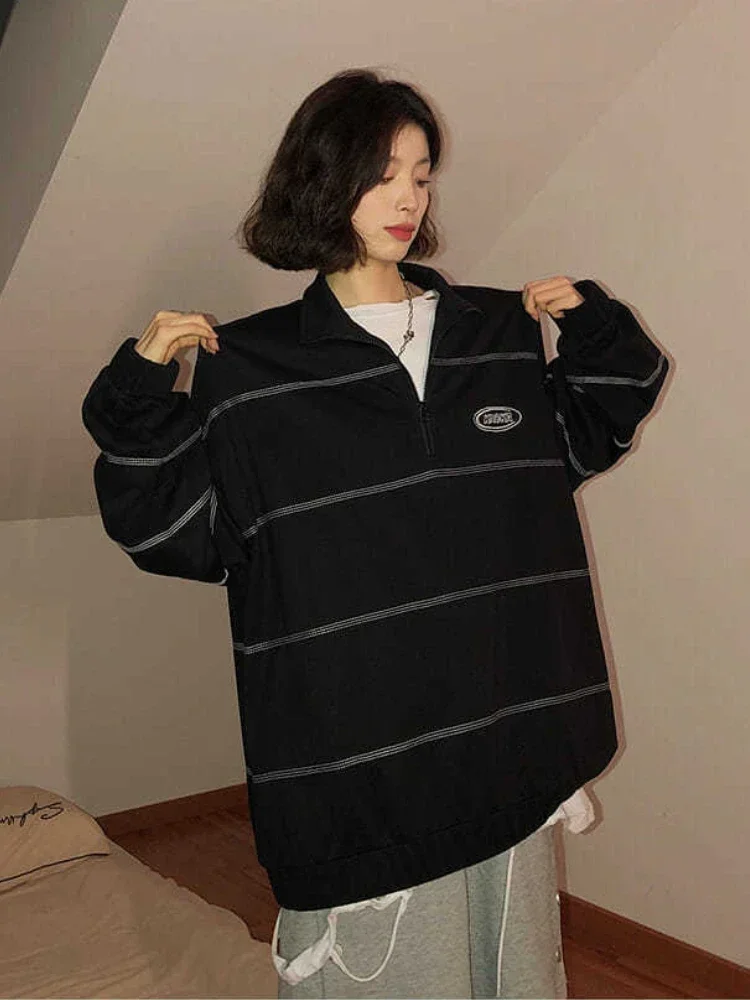 

QWEEK Y2K Vintage Black Long Sleeve T-Shirt Women Harajuku Retro Striped Pullover Tees Oversized V-Neck Streetwear Sweatshirts