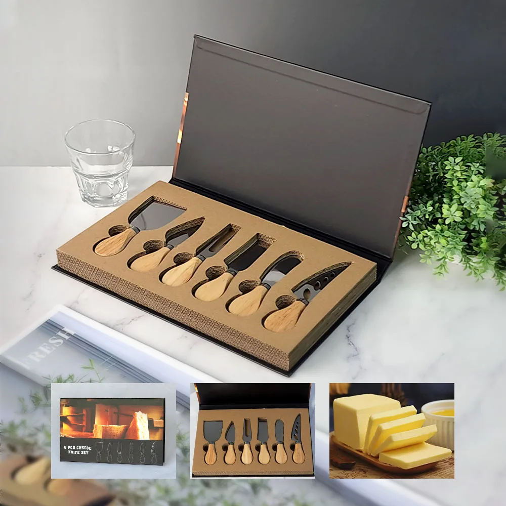 

6pcs/set Premium Exquisite Cheese Knives Set Stainless Steel Fork Spreader Collection Walnut Handle Cheese Slicer with Gift Box