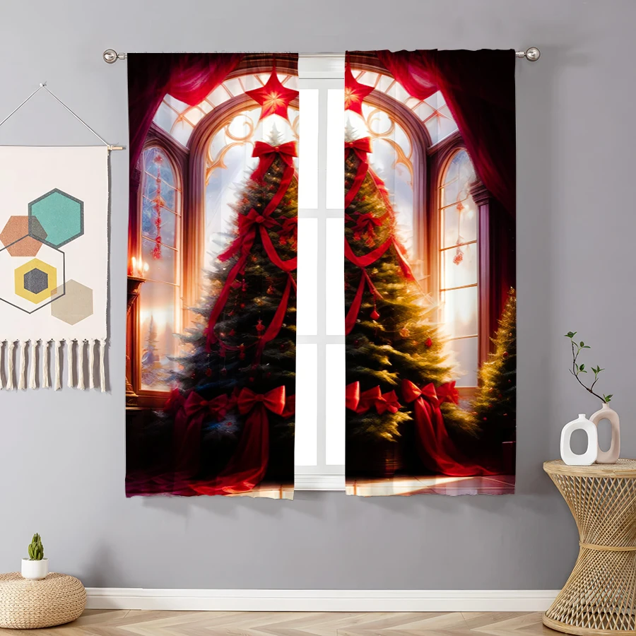 2PCS Christmas Winter Curtains, Red Ribbon Christmas Tree Arch, Digital Print, Bedroom Living Room, Home Decor Window Drapes