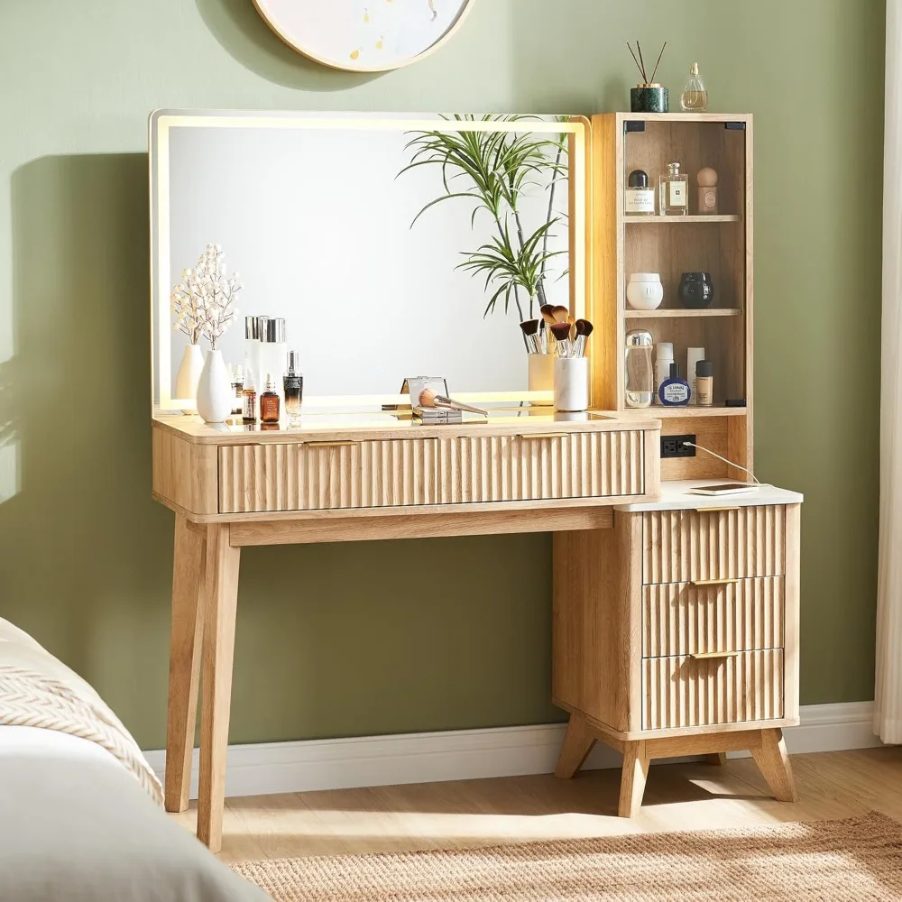

48" Fluted Vanity Desk - 36" Mirror w/ Lights, Glass Top, 5 Drawers & Adjustable Stool, Modern Makeup Table