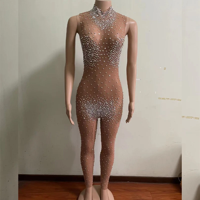 

Sexy Stage Tan See Through Mesh Silver Rhinestone Jumpsuit Transparent Leggings Dancer Prom Evening Birthday Celebrate Rompers