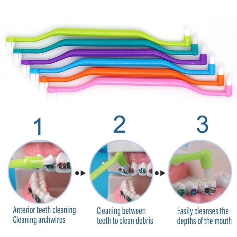 단일 번들 교정 칫솔, 더블 헤드 치간 브러시, 부드러운 칫솔모, 뾰족한 플랫 브러시, 치아 청소 교정기, 6 개