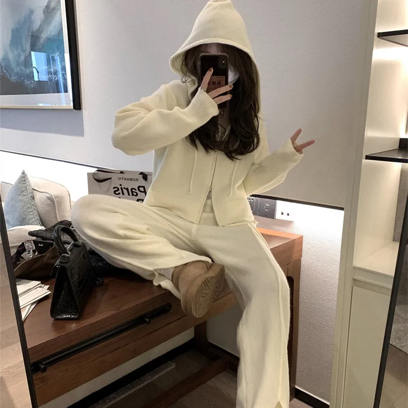 Zipper Front Pajamas for Women Knitted Long Sve Wide Leg Pants Two Piece Set for Women Autumn Winter Pure Color Faion Ensemble