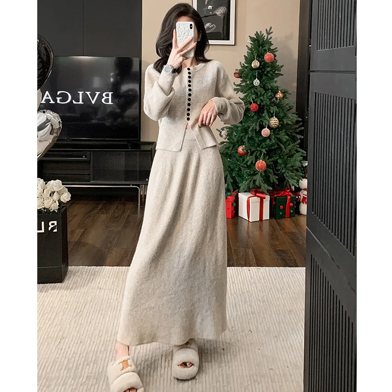 

Women Knit Two Piece Skirt Sets Sweaters Single Breasted A Line Long Skirts Casual Suit Thick Warm Elegant Skinny Autumn