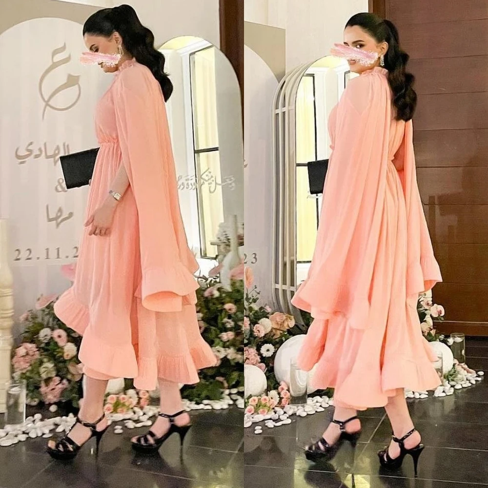 

Jiayigong Chiffon Draped Pleat Ruched Formal Evening A-line High Collar Bespoke Occasion Gown Midi Dresses