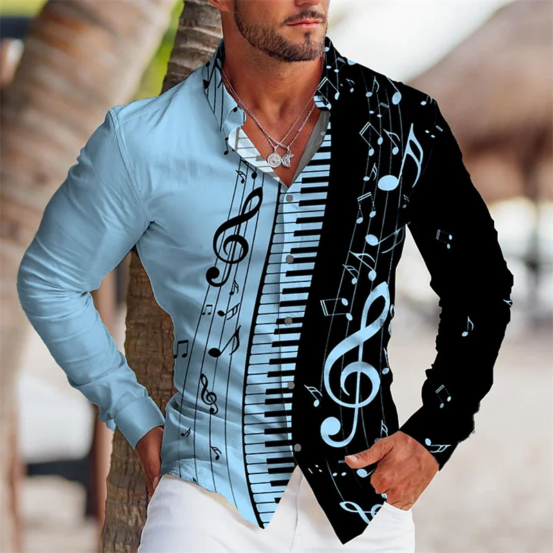 Camicie da uomo con colletto alla moda in lino Cool Music Festival Notes tasti per pianoforte stampa HD maniche lunghe Party Fashion 2023 Plus Size