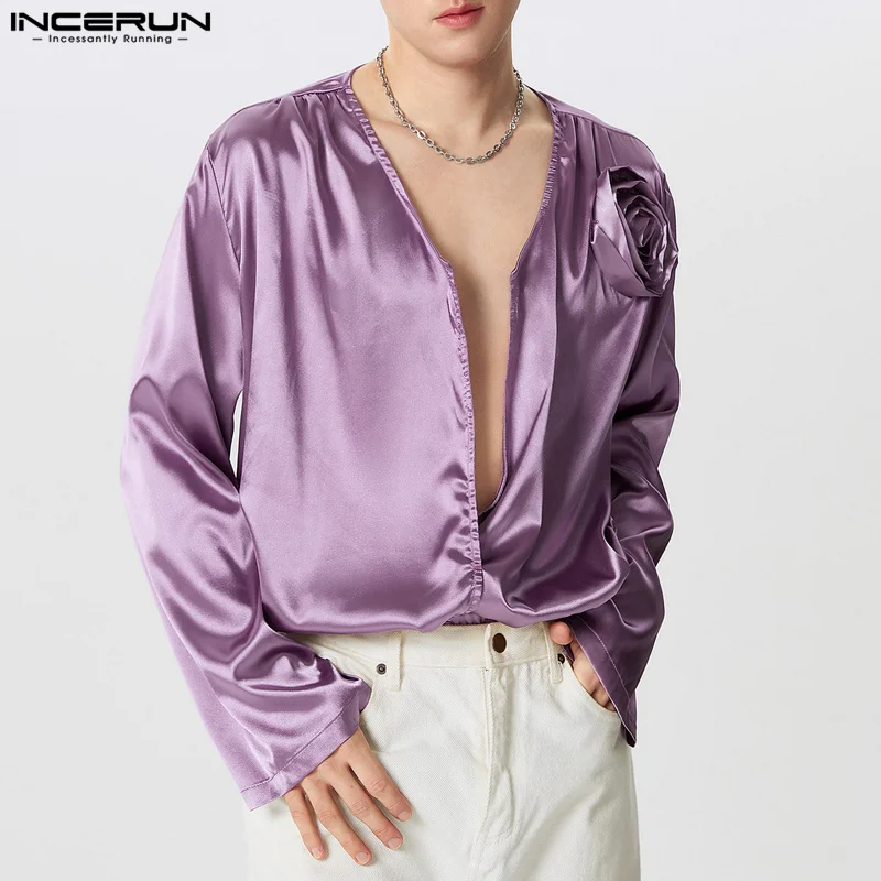 INCERUN Men Shirts Solid Color Satin V Neck Long Sleeve Casual Men Clothing Flower Loose Streetwear 2024 Fashion Camias S-5XL