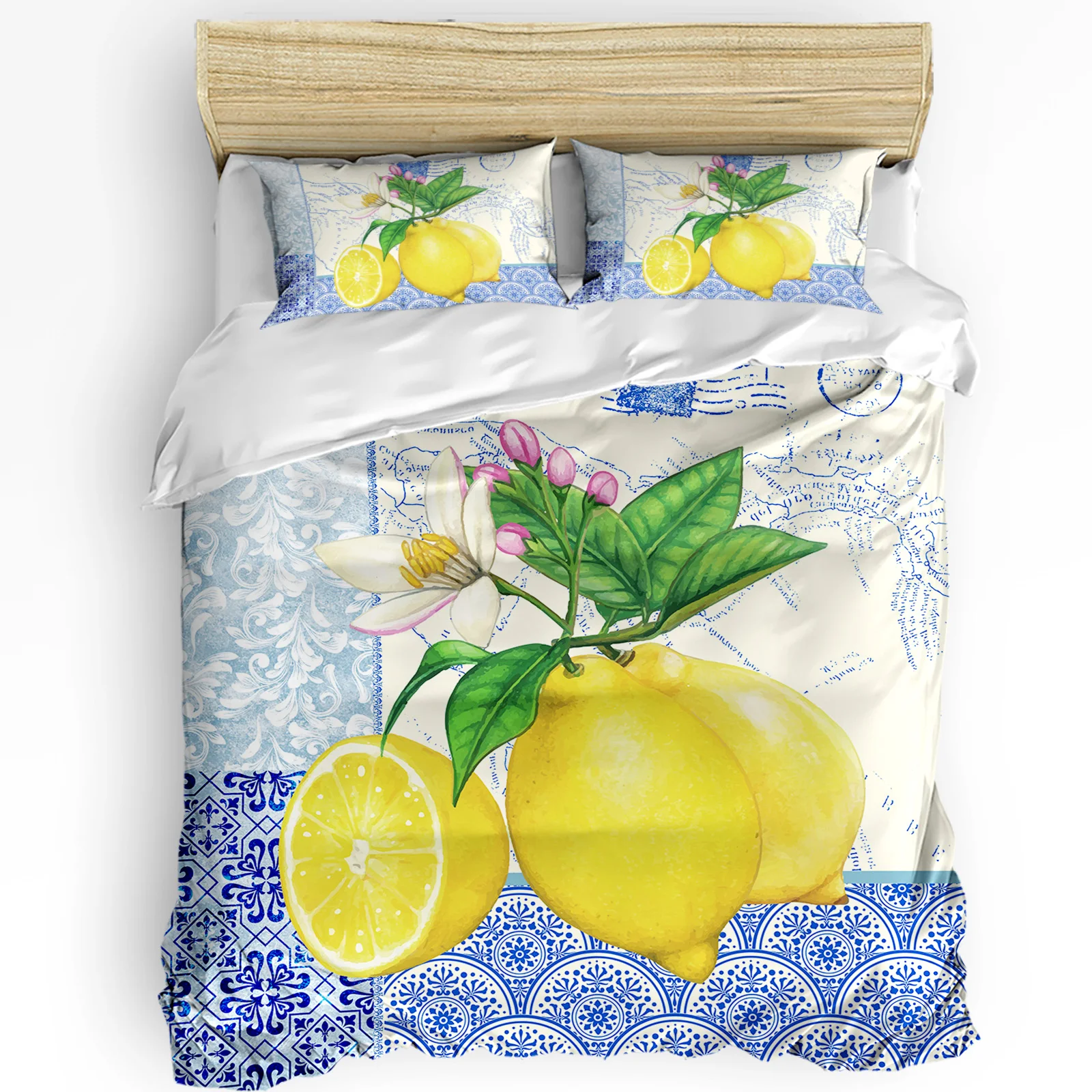 

Blue And White Porcelain Fruit Lemon Duvet Cover with Pillow Case Custom 3pcs Bedding Set Quilt Cover Double Bed Home Textile