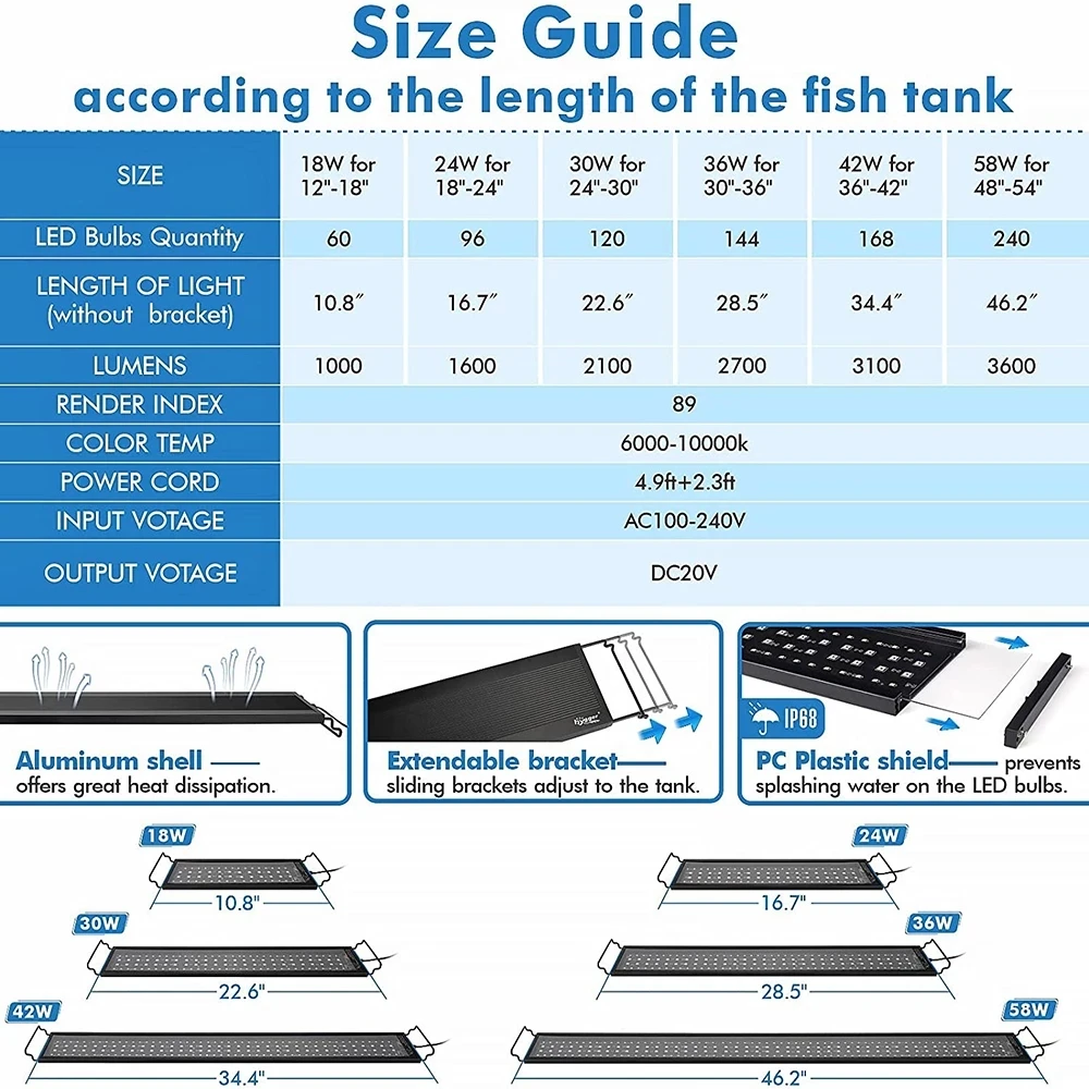 Luce per acquario telecomandata da 60-105CM con Timer luce per acquario a spettro completo con lampada a LED RGBW in modalità meteo per piante